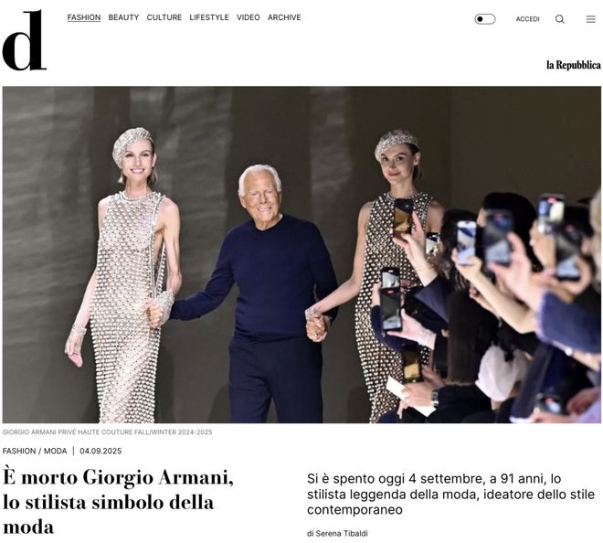 ”陨落！乔治·阿玛尼去世享年91岁j9九游真人游戏第一品牌“时尚之王(图2)